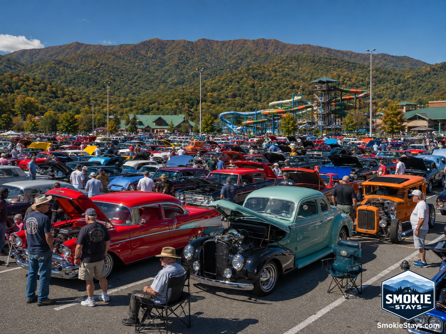 Hundreds of gleaming pre-1972 American street rods and classic cars fill the Dollywood Splash Country parking lot during the annual Shades of the Past Hot Rod Roundup in Pigeon Forge, Tennessee, with the Smoky Mountain ridgeline visible in the background.
