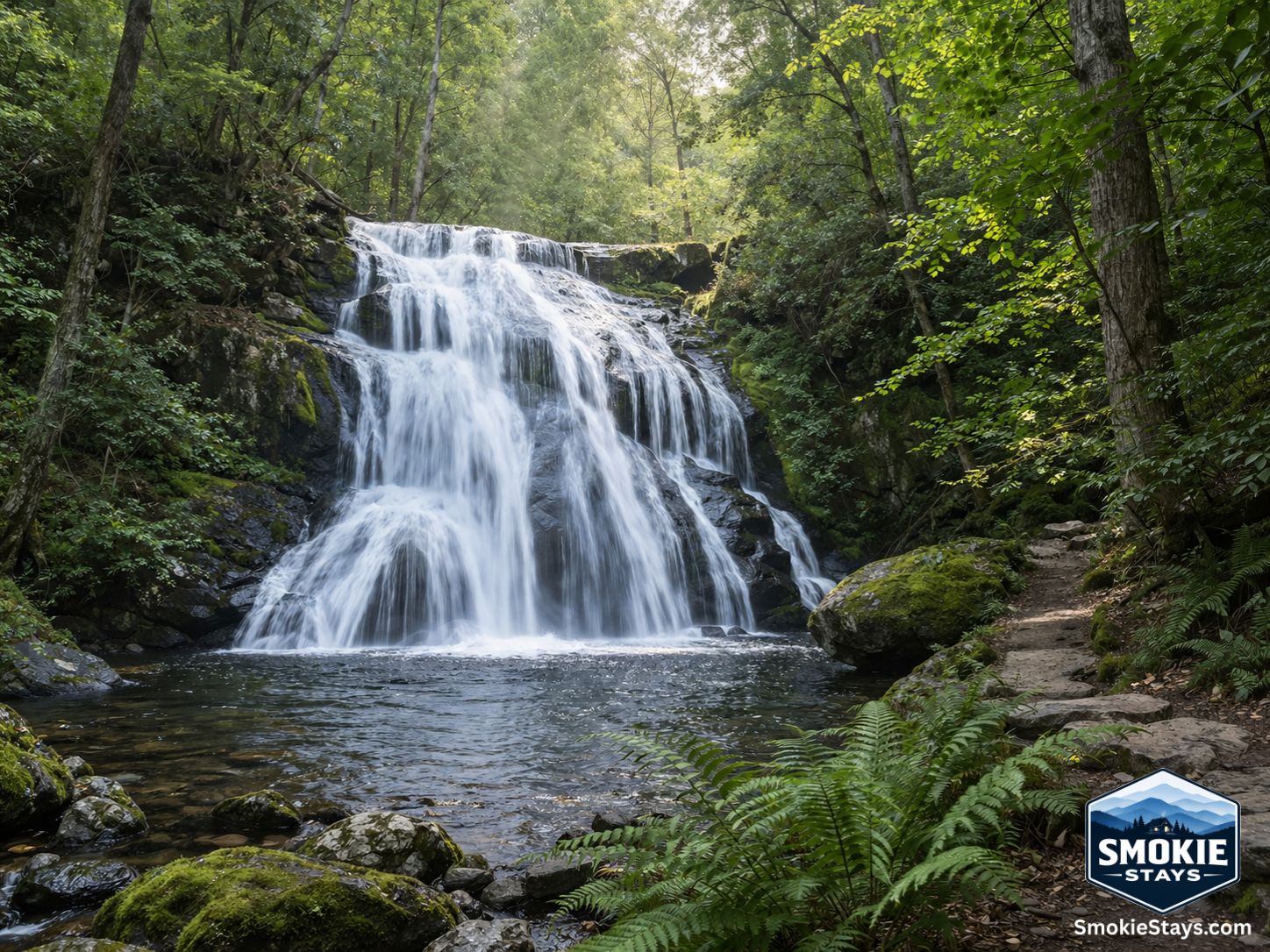 A powerful woodland waterfall cascades over mossy rock ledges into a clear pool surrounded by ancient hemlock and tulip poplar trees on a hiking trail in Great Smoky Mountains National Park.