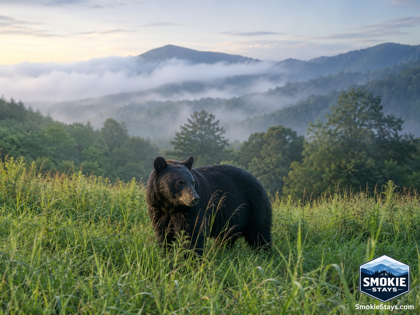 A wild black bear forages in a misty morning meadow in Great Smoky Mountains National Park, with forested mountain ridges rising into the blue haze of the Appalachians in the background.