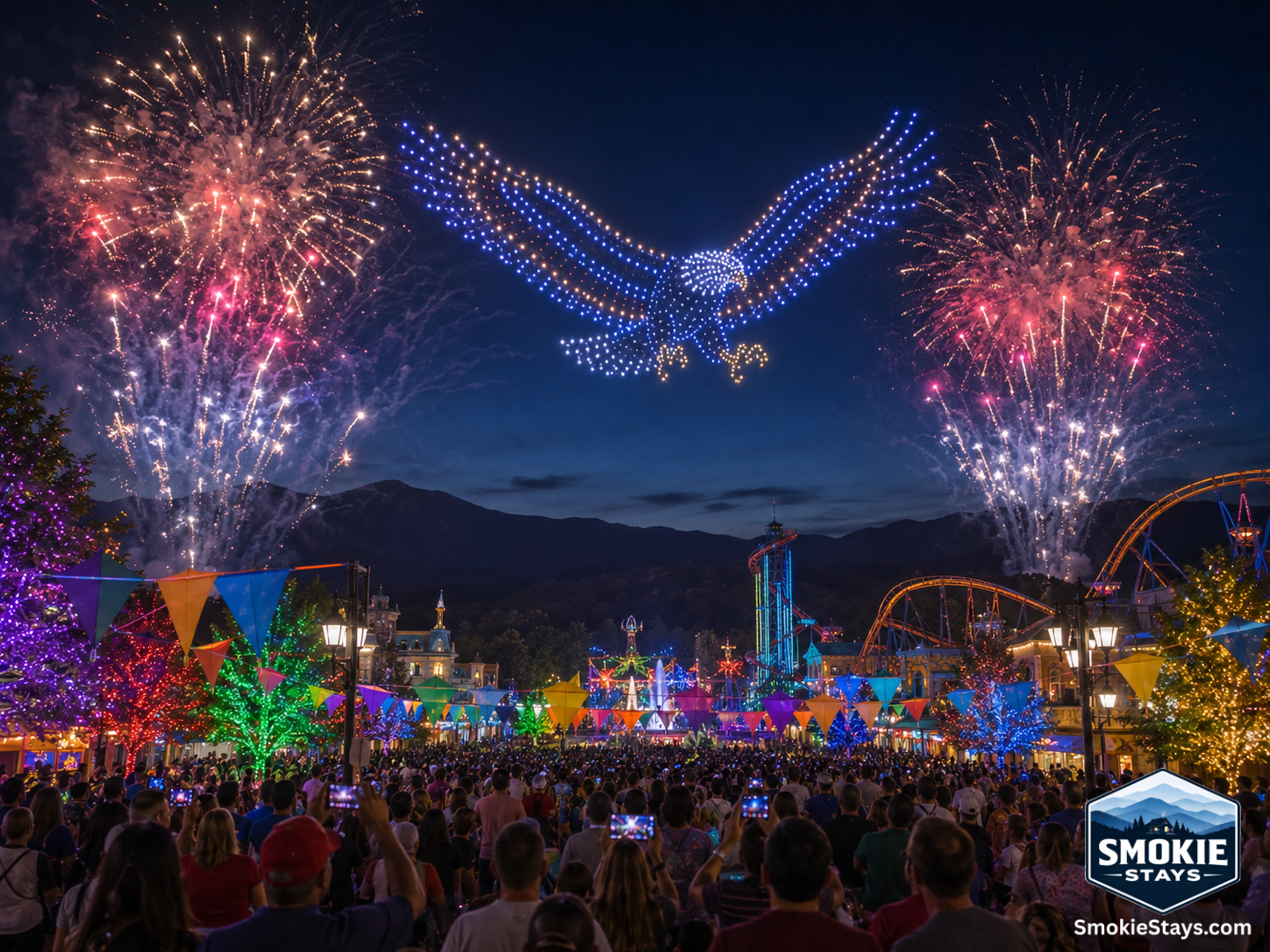 Hundreds of synchronized drones form a glowing bald eagle shape above a colorfully decorated Dollywood during the Sweet Summer Nights drone and fireworks show, with thousands of guests watching from the park grounds and the Smoky Mountain ridgeline in the
