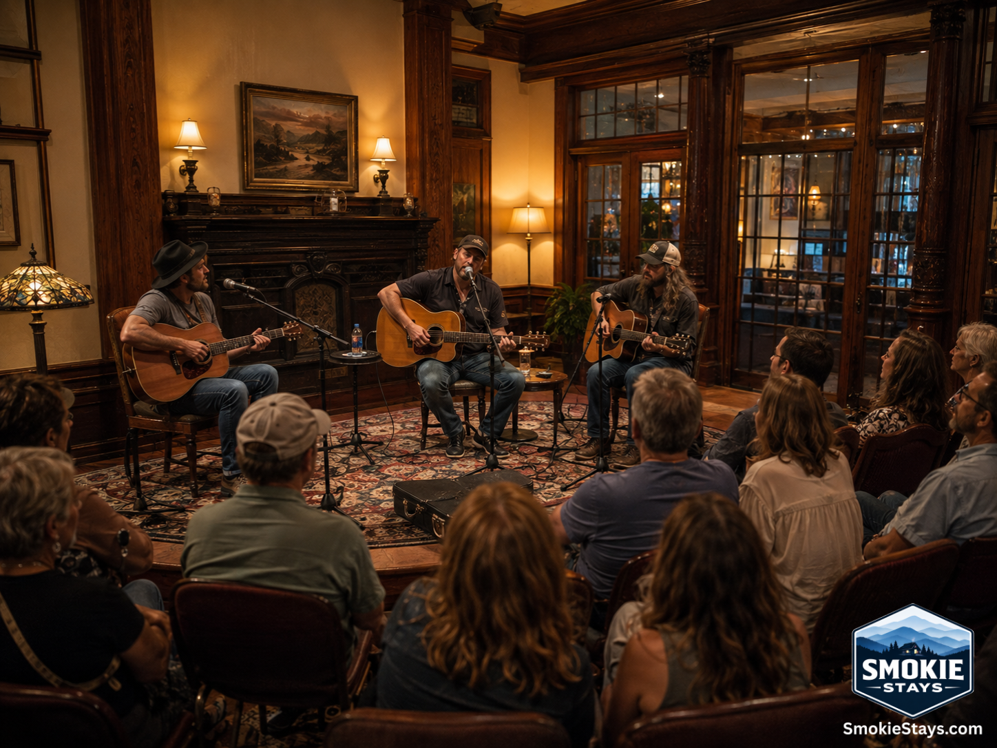 Three Nashville songwriters perform an intimate songwriter round in a warmly lit historic hotel lounge at the Gatlinburg Songwriters Festival, with a small attentive audience seated in rows of chairs.