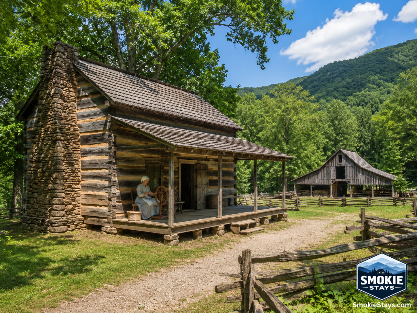 A costumed historical interpreter demonstrates wool spinning on the porch of a restored 19th-century log cabin at the Great Smoky Mountains Heritage Center outdoor historic village in Townsend, Tennessee, with a cantilever barn and forested mountain ridge