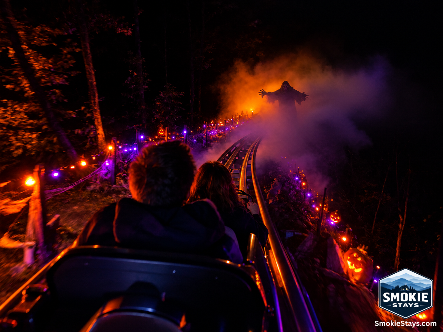 A mountain coaster car speeds through fog and Halloween lighting during Halloween in the Holler at the Moonshine Mountain Coaster in Gatlinburg, Tennessee, with a costumed scare actor visible at the edge of the fog-covered track.