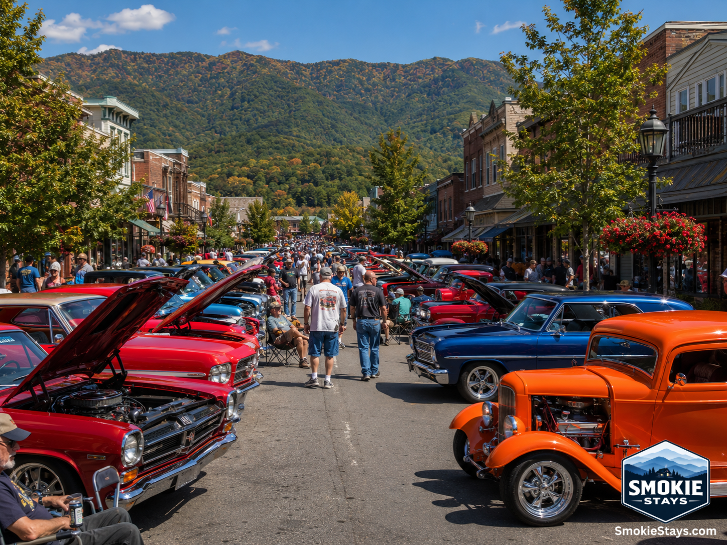 Rows of classic American muscle cars and hot rods line the Pigeon Forge Parkway during the Fall Rod Run, with car owners in lawn chairs beside their vehicles and the Smoky Mountain ridgeline visible in the background under a clear September sky.