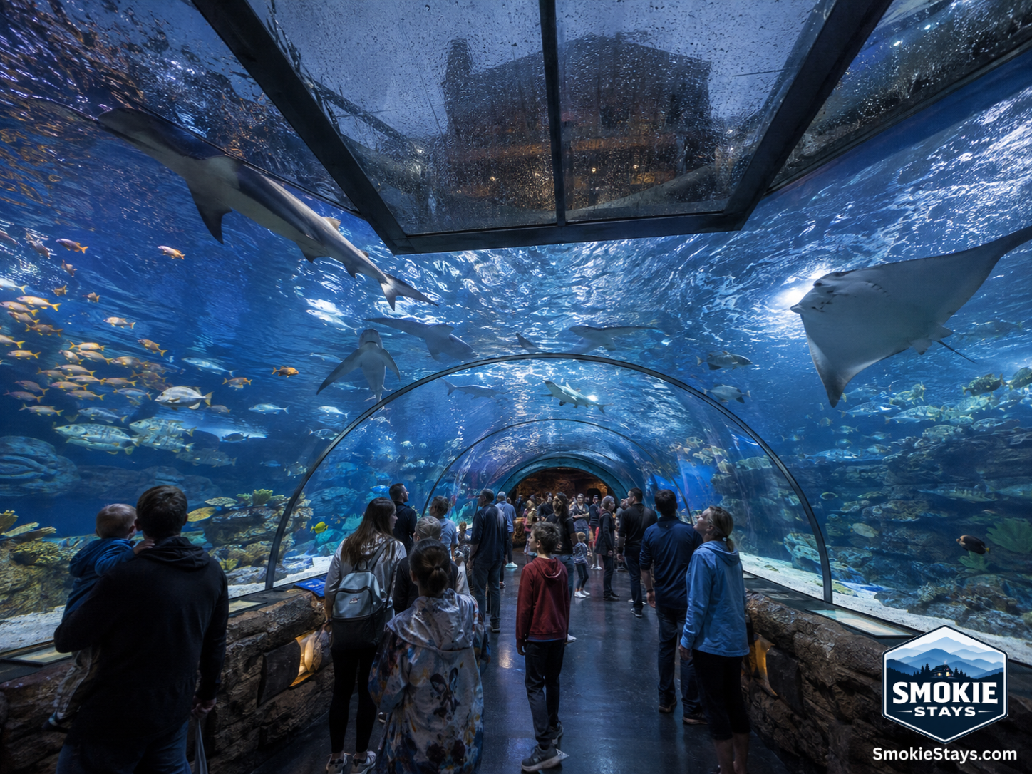 Visitors walk through the underwater tunnel at Ripley's Aquarium of the Smokies in Gatlinburg, surrounded by sharks, rays, and tropical fish on a rainy day in the Smoky Mountains.
