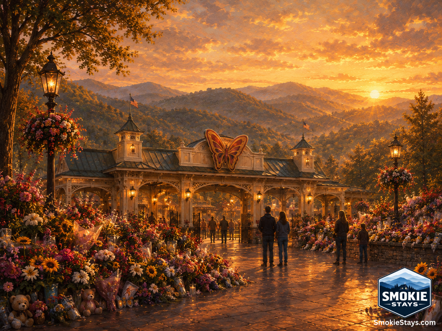 Flowers left at the Dollywood gates in Pigeon Forge as fans pay tribute to Dolly Parton.
