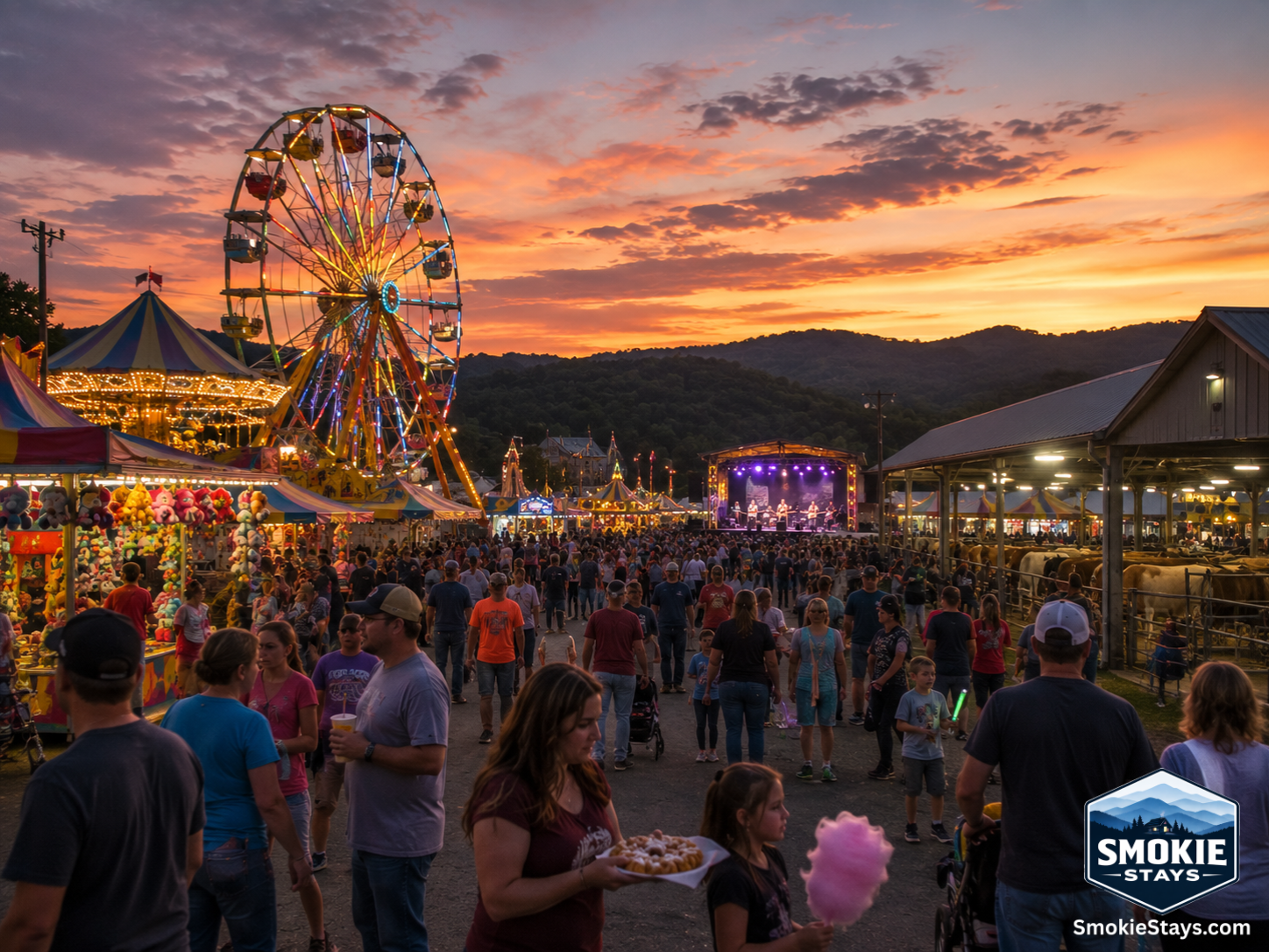 A classic county fair at dusk in Sevierville, Tennessee, with a glowing Ferris wheel, lit carnival rides, food vendor stalls, and families walking the midway at the annual Sevier County Fair.