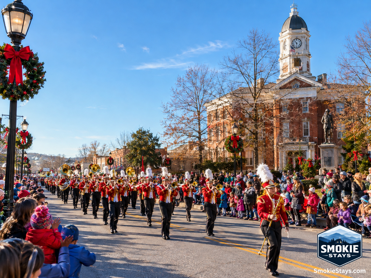 A marching band rounds the corner past the Sevier County Courthouse during the annual Sevierville Christmas Parade, with families lining the sidewalks on a clear December morning and the courthouse clock tower visible in the background.