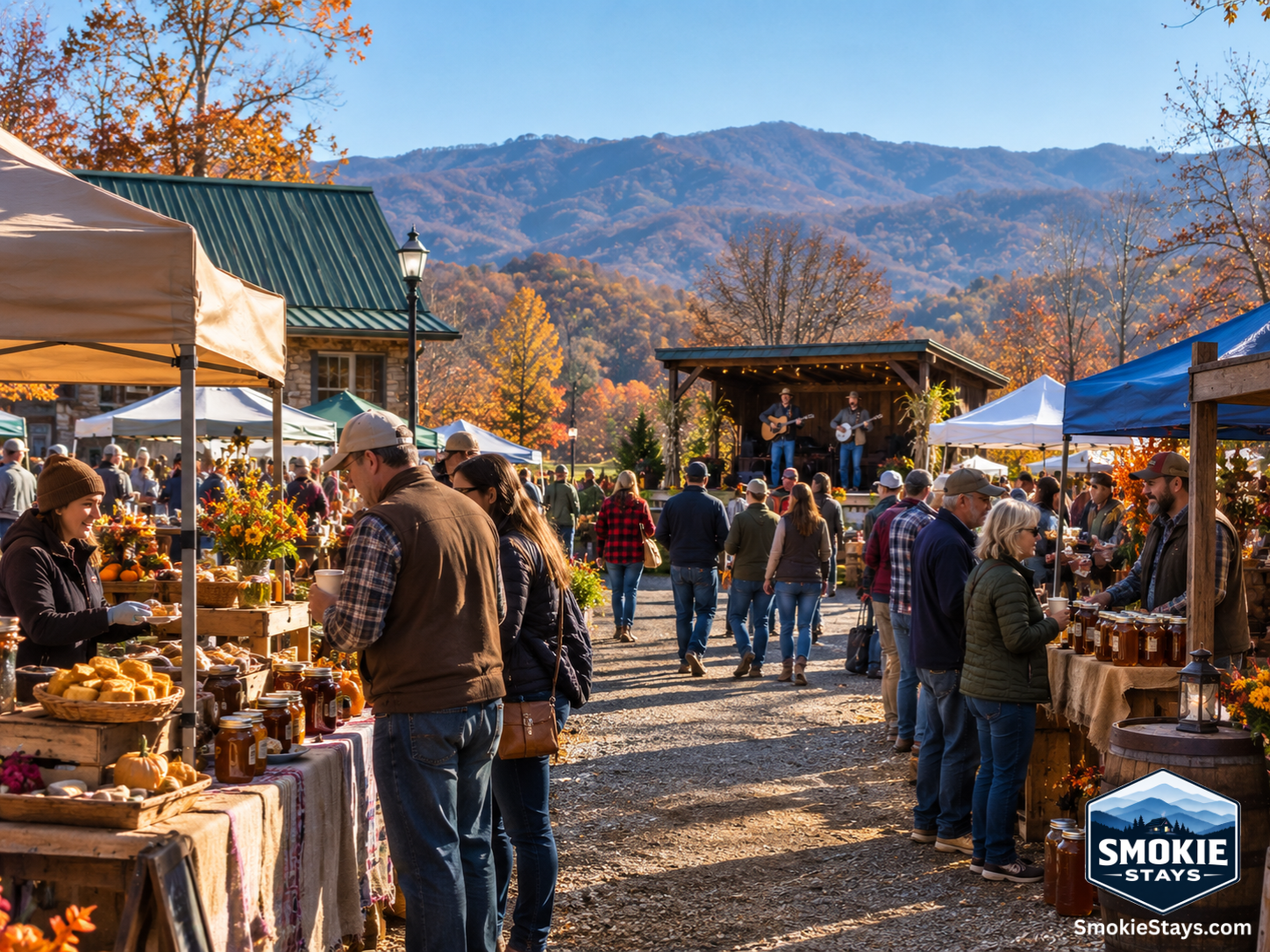 Visitors in fall jackets browse vendor stalls offering stone-ground grits, cornbread, and local spirits at the Townsend Grains, Grits & Spirits Festival, with a bluegrass duo performing on an outdoor stage and bare mountain ridges visible against a clear 