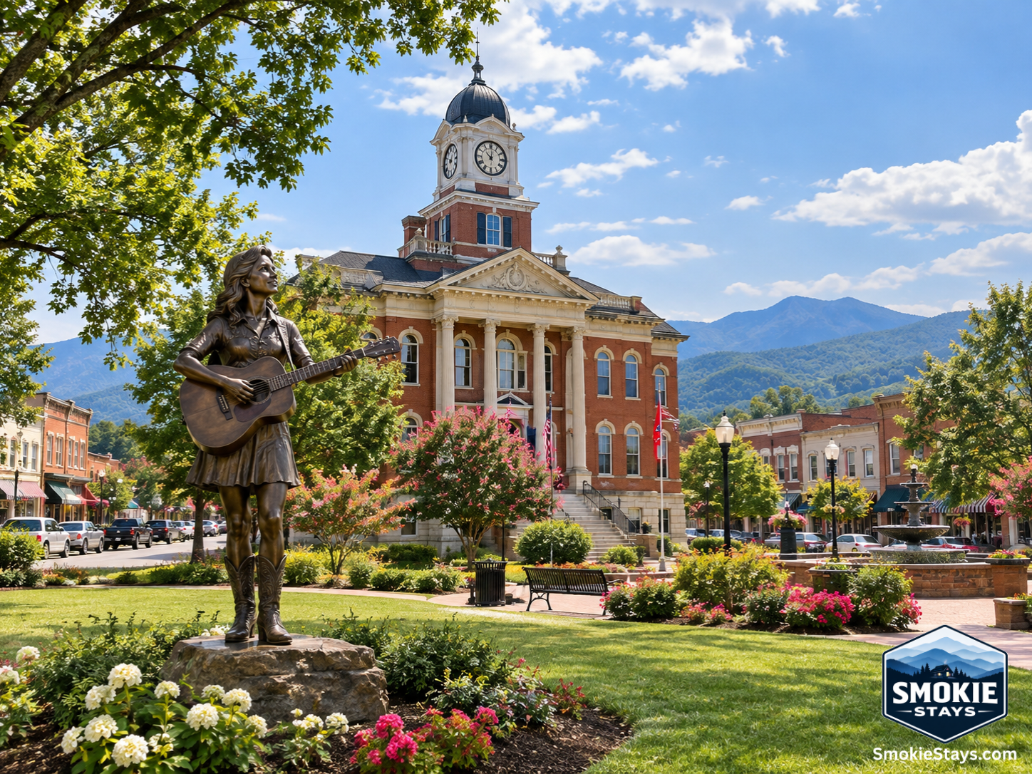 The bronze Dolly Parton statue stands on the lawn of the Sevier County Courthouse in downtown Sevierville, Tennessee, with the classic brick courthouse clock tower visible behind it and the Smoky Mountain foothills in the background.