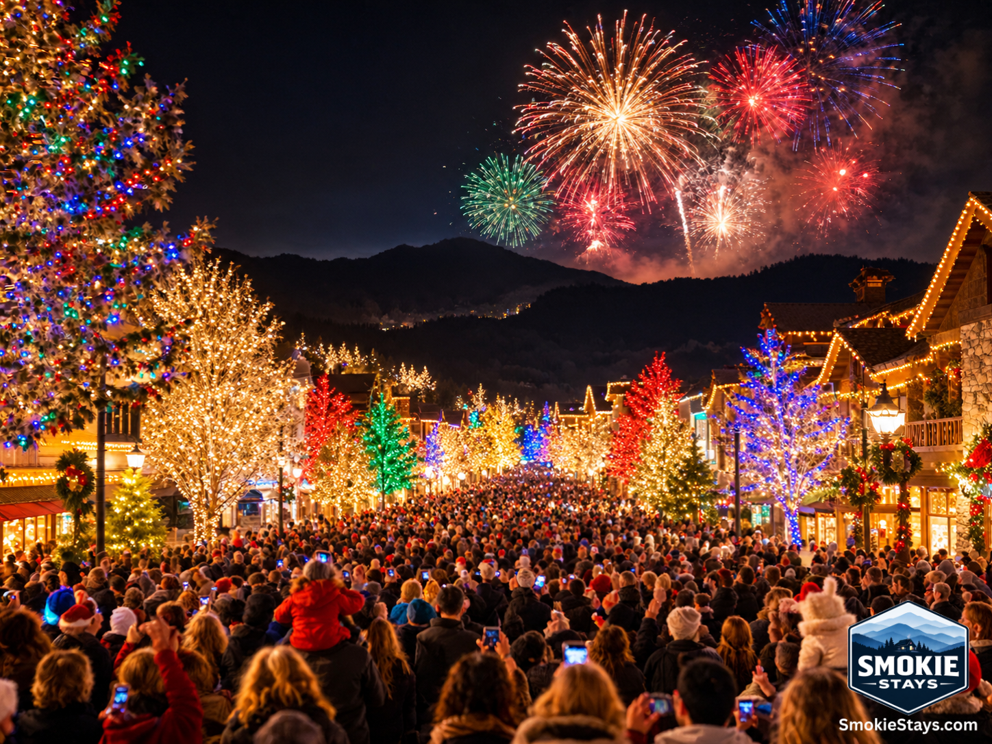Tens of thousands of people fill the Pigeon Forge Parkway as millions of Winterfest holiday lights switch on simultaneously during the annual Winterfest Kickoff illumination ceremony, with fireworks bursting overhead and the Smoky Mountain ridgeline in th